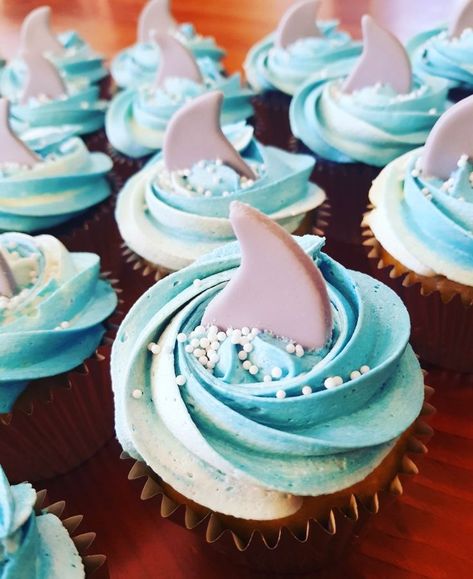 Shark Theme Cupcakes, Shark Theme 2nd Birthday Party, Ocean Birthday Cupcakes, Shark Themed Birthday Cake, Shark Birthday Cupcakes, Shark Baby Shower Ideas, Shark Birthday Party Cake, Boy Birthday Cupcakes, Shark Birthday Cookies