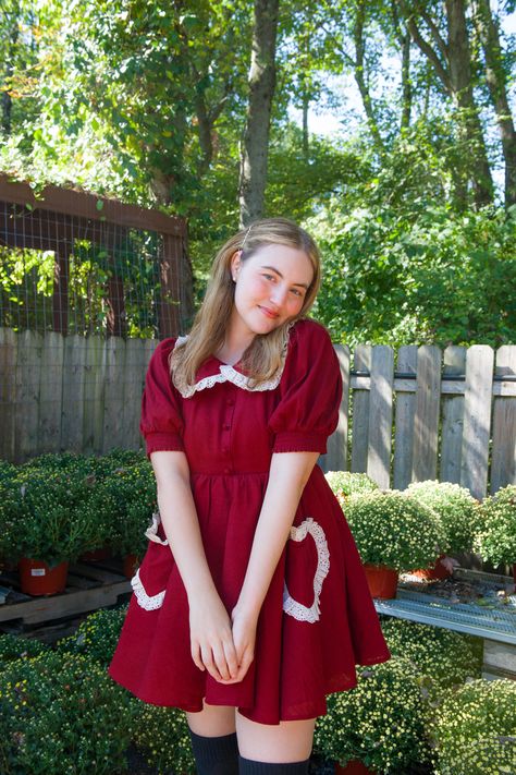 Our Red Velvet Gumdrop Dress is iced with a cream lace collar and heart shaped pockets. This dress has back shirring for maximum stretch and comfort. Also has two organza layers for extra poof! Model wearing size M. Preorders shipping in mid-late September. Kawaii, Gumdrop Dress, Simple Red Dress, Lizzie Hearts, Moda Aesthetic, Valentines Outfits, Heart Dress, Red Outfit, Cream Lace