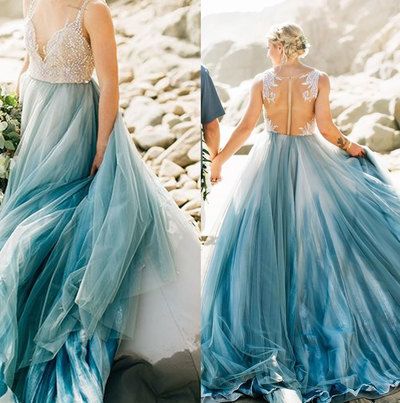 Teal Wedding Gown, Non Traditional Wedding Dress Plus Size Color, Plus Size Blue Wedding Dress, Ocean Inspired Dress Gowns, Non White Wedding Dress Colour, Nonwhite Wedding Dress, Dyed Wedding Dresses, Blue Ombre Wedding Dress, Non Traditional Wedding Dress Colors