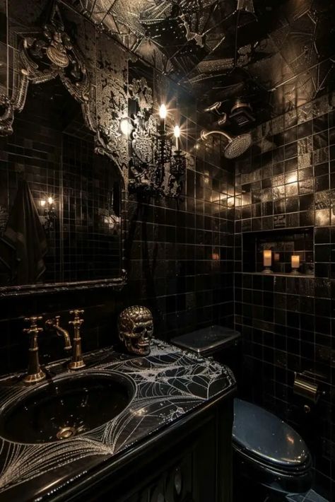 Vampire Bathroom Aesthetic, Goth Bathroom Aesthetic, Victorian Restroom, Medieval Bathroom, Witchy Bathroom Ideas, Gothic Victorian House Interior, Gothic Room Ideas, Bathroom Panelling, Gothic Bathroom Ideas