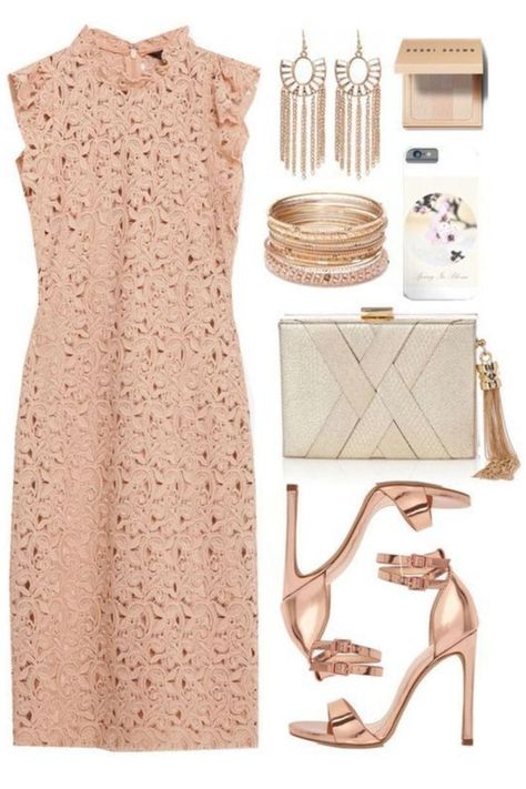 Pink Dress Styling, Pastel Pink Dresses, Dress Styling Ideas, Rose Dress Outfit, Rose Gold Pumps, Pastel Pink Dress, Rose Pink Dress, Rose Gold Accessories, Dress Styling