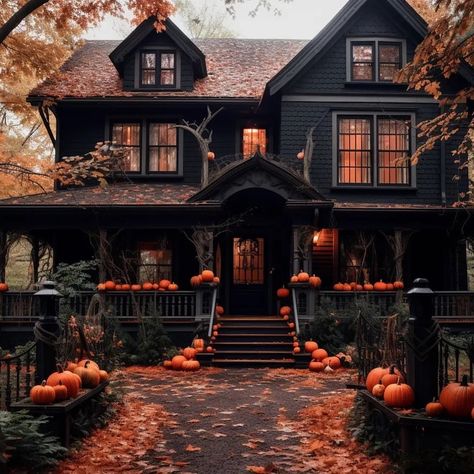 Just 1 week till fall officially begins!🍂🎃 • #halloween #fall #spooky #pumpkins #halloween2023 #vintage #october #allhallowseve… | Instagram Fantasy House, Black Houses, Spooky House, Decor Shabby Chic, Fall Decorations Porch, Witch House, Fall Porch, Gothic House, Sims House