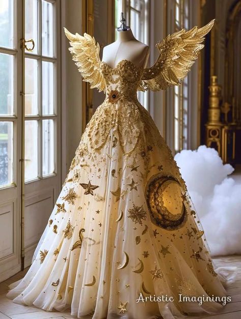 Celestial Dress Gowns Ball, Sun Inspired Wedding Dress, Sun Ballgown, Celestial Fantasy Dress, Celestial Fashion Aesthetic, Sun Themed Dress, Sun Themed Outfits, Celestial Ball Gown, Moon And Stars Dress