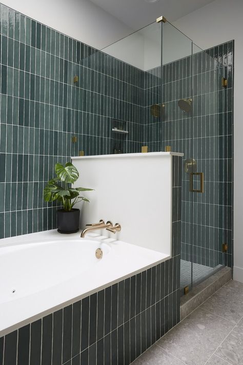 Redondo Residence — Niharika Hablani Green Tile Bathroom, Refinish Bathtub, Half Walls, Green Bathroom, Bathroom Renos, Metroid, Bathroom Colors, House Bathroom, Modern Retro