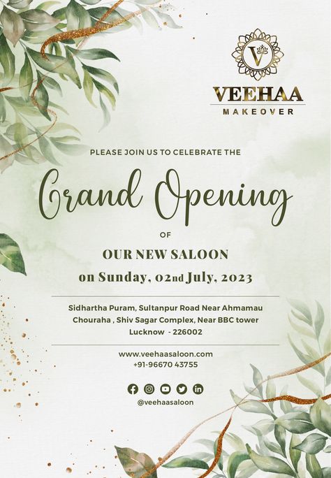 GRAND OPENING 💯 . . . . . #grandopening #pleasejoin #celebrate #oursaloon #ournewsaloon #veehaamakeover #lucknowfacetreatment #visitus #contactus #followforfollowback #likesforlike #comment #share Beauty Parlour Opening Invitation Card, Grand Launching Poster, Clinic Invitation Card, Office Invitation Card Design, Clinic Opening Invitation Card, Salon Opening Invitation Card, Grand Opening Poster Design Ideas, Grand Opening Invitations Design, Salon Openings