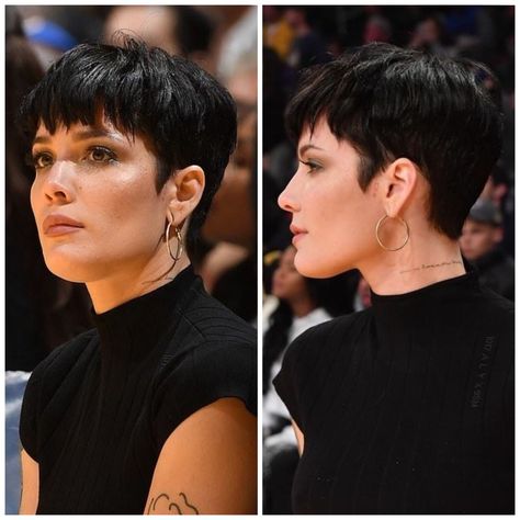 Pixie Haircut Halsey, Pixie Hairstyles Dark Hair, Halsey Pixie Hair, Dark Pixie Haircut, Halsey Pixie, Halsey Haircut, 2023 Pixie Cuts, 2023 Pixie Hair Trends, Straight Pixie Haircut