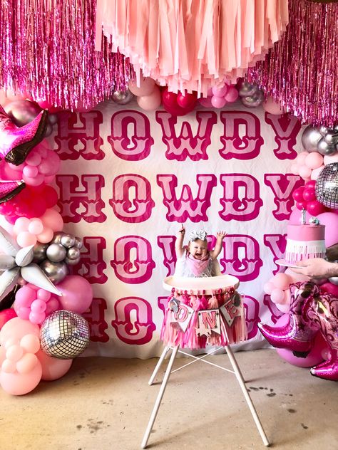 Disco Cowgirl Fringe Backdrop, This Ain’t My First Rodeo It’s My Third, One Year Old Dolly Parton Birthday, 21st Rodeo Party, Disco Cowgirl First Birthday Photoshoot, Cowgirl Birthday Party One Year Old, Disco Cowgirl First Birthday Cake, Pink Rodeo Theme Party, Long Live Cowgirls Birthday