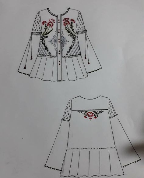 Kurti Design Drawing, Kurti Flat Sketch, Kurti Illustration Sketch, Kurti Drawing, Kurti Sketch, Flat Drawings, Fashion Illustration Tutorial, Floral Print Jacket, Fashion Illustrations Techniques