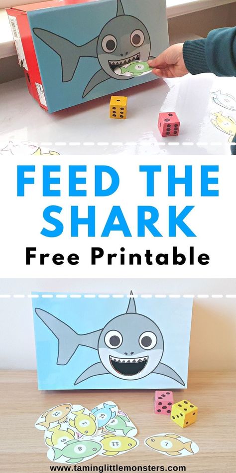 Feed the Shark Math Game for Preschool. Help your kids learn to count, add and recognize numbers with this free printable math game. Perfect for preschool and kindergarten classrooms. #math #summer #preschool #kindergarten #freeprintable #STEM Ocean Lesson Plans For Preschool Math, Under The Sea Curriculum Preschool, Under Water Activities Preschool, Ocean Theme Preschool Activities Gross Motor, Ocean Sorting Activities, Under The Sea Theme Preschool Activities, Shark Games For Preschoolers, Sea Animals Math Activities Preschool, Ocean Theme Preschool Activities Science Experiments