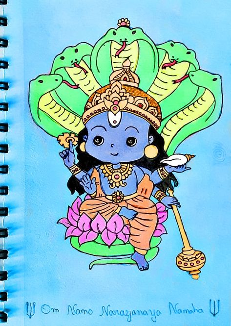 Lord Vishnu Drawing Easy, Vishnu Drawing Easy, Vishnu Bhagwan Drawing, Vishnu Cartoon, Vishnu Drawing, Narayana Lord, Jagannath Painting Easy, Om Namo Narayana, Jagannath Painting