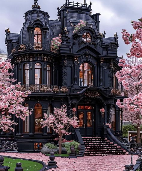 Pink Villa, Victorian Gothic House, Home Aesthetics, Creepy Houses, Cottage Aesthetic, Villa House, Pink Stuff, Gorgeous Houses, Goth Home