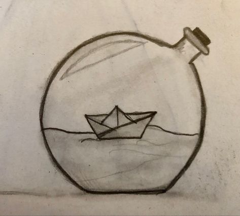 Pencil drawing of a bottled up boat floating on water Easy Sailboat Drawing, Boat In A Bottle Drawing, Boat On Water Drawing, Paper Boat Drawing, Co Nakreslit Easy, Easy Boat Drawing, Bottle Drawings, Boat Drawing Simple, Bottle Sketch