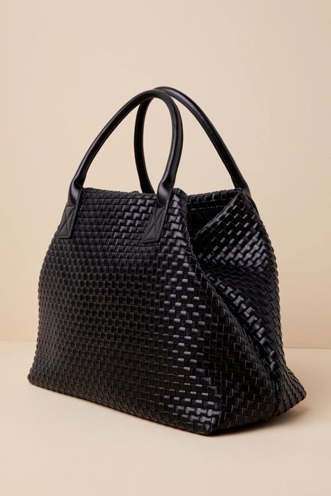 A boss babe like you needs something as stylish and sensible as the Lulus Big Time Moves Black Woven Oversized Tote Bag! Smooth, woven vegan leather shapes this versatile tote with an oversized silhouette and a flat bottom design. Collapsing sides come together at a top-tying detail that secures the spacious, lined interior with a sidewall pouch and a zippered pocket, perfect for keeping all of your valuables safe. Twin tote handles makes it a breeze to carry with you, wherever you're headed! Large Handbags Tote, Oversized Tote Bag, Work Tote Bag, Black Weave, Bottom Design, Oversized Tote, Work Tote, Bags Designer Fashion, Vegan Leather Bag