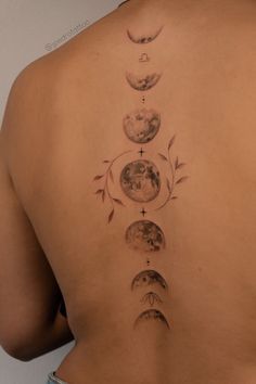 Moon Tattoos On Back For Women, Back Moon Phases Tattoo, Moon Tattoo Inspiration, Moon Cycle Back Tattoo, Spine Tattoos Moon And Stars, Back Tattoo Moon Phases, Spine Tattoos For Women Moon Phases, Moon Tattoo On Spine, Spine Moon Tattoo