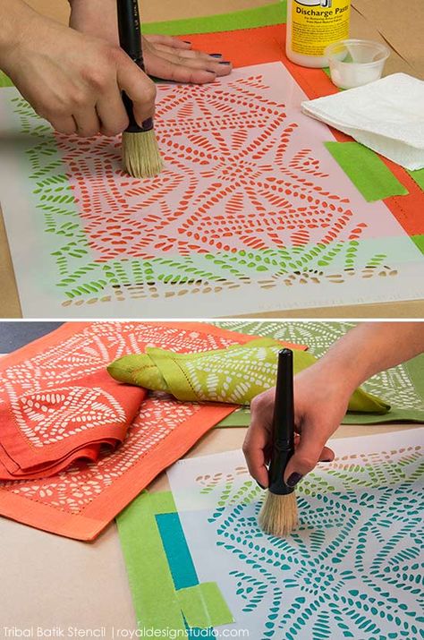 How to Stencil: Tribal Batik Place Mats With Discharge Paste :: Hometalk Geomagnetic Design, Batik Furniture, Batik Diy, Painting Fabric Furniture, Furniture Stencil, Royal Design Studio Stencil, Motif Art Deco, Stencil Printing, Batik Art