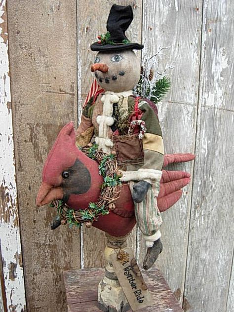 Prim Snowman, Bird Doll, Snow Friends, Snowman Doll, Primitive Snowman, Primitive Snowmen, Wool Quilts, Cardinal Bird, Quilt Batting