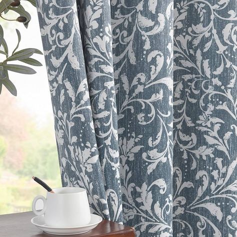 Patterned Drapes, Vintage Window Treatments, Blue Floral Curtains, Decorating With Blue, French Country Blue, Blue Blackout Curtains, Insulated Drapes, Quiet Space, Decorative Curtain Rods