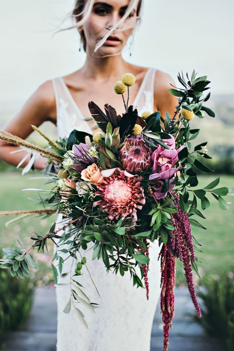 Bohemian Protea Wedding Bouquet Marsala Bouquet, Holding A Bouquet Of Flowers, Protea Wedding, Modern Wedding Bouquets, Protea Bouquet, Wedding Flower Guide, Holding A Bouquet, Bouquet Bride, Australian Flowers