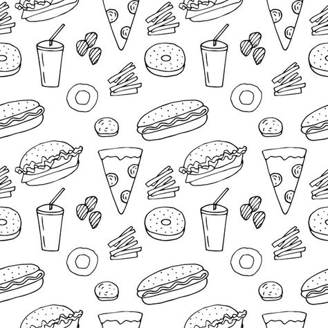 Fast food seamless pattern vector illust... | Premium Vector #Freepik #vector #burger-pattern #burger-sketch #burger-doodle #restaurant-doodle Fast Food Background Design, White Food Wallpaper, Burger Doodle Art, Food Pattern Design, Food Illustrations Vector, Food Doodle Art Illustrations, Restaurant Doodle, Food Doodle Art, Hand Drawing Doodles