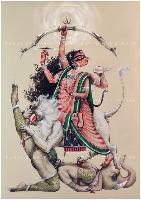 Jagadhatri Maa Drawing, Durga Maa Watercolor Painting, Devi Durga Paintings, God Painting Indian, Durga Art, Buddhist Art Drawing, Bengali Art, Durga Painting, Hinduism Art