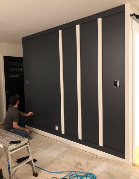 White Board And Batten Dark Wall, Dark Gray Board And Batten Wall, Black Kitchen Accent Wall, Iron Ore Board And Batten Wall, Dining Room Black Accent Wall, Dark Accent Wall Colors, Black Wood Accent Wall, Black Accent Wall Office, Black Accent Wall Dining Room