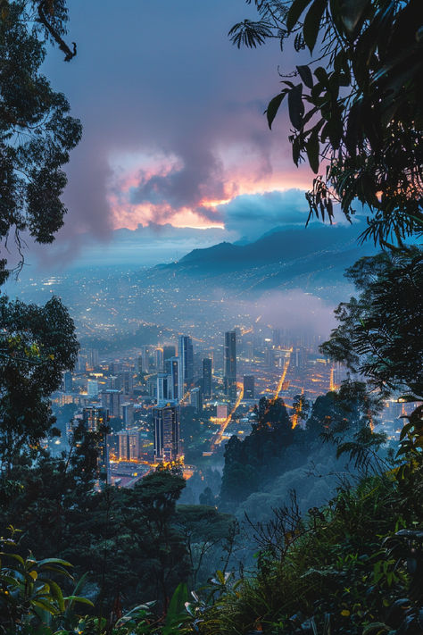 A stunning view of Bogotá, Colombia at dusk, with city lights illuminating the skyline and surrounding mountains. Bogota Colombia Aesthetic, Medellin Aesthetic, Columbia Bogota, Colombia Landscape, Bogota Colombia Travel, Colombia Aesthetic, Colombia Travel Guide, America Life, Colombian Culture