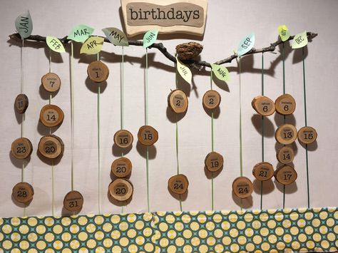 Birthday Boards Classroom Preschool Nature, Diy Classroom Birthday Board, Nursery Birthday Board, Forest Birthday Board Classroom, Preschool Birthday Classroom Ideas, Montessori Welcome Board Ideas, Birthday Board Reggio Emilia, Reggio Emilia Welcome Board, Class Birthdays Display