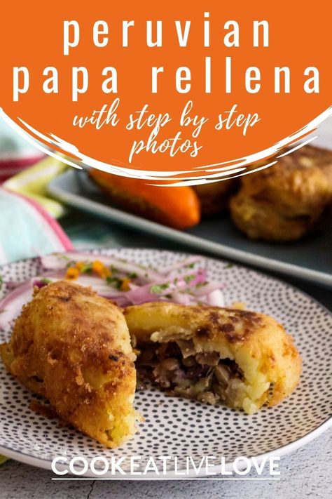 An authentic recipe for peruvian papa rellena. In this vegetarian recipe for peruvian stuffed potatoes, all the traditional flavors are present along with eggplant in place of the beef. See step by step how to mix and shape these delicious stuffed potatoes, one of the most popular recipes from Peru. Learn more about making this vegetarian dish, it's actually much easier than you think! Papa Rellena Recipe Peru, Papa Rellena Recipe, Peruvian Recipes Authentic, Peru Recipes, Peruvian Meals, Papas Rellenas Recipe, Peruvian Appetizers, Peruvian Party, Peruvian Potatoes