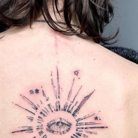 🌠✦ gloria ✦🌠 on Instagram: "the sun shines through their eyes…💫 #art #illustration #tattoo #tattooideas #tattooart" Star Eyes Tattoo, Eye Star Tattoo, Exploding Sun Tattoo, Eyes Full Of Stars Tattoo, Tattoos With Eyes, Sun Angel Tattoo, Big Sun Tattoo On Back, Star Eye Tattoo, Light Burst Tattoo