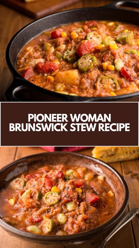 Pioneer Woman’s Brunswick Stew is made with ground pork, beef, shredded chicken, tomatoes, ketchup, barbecue sauce, and cream-style corn, infused with onions, celery, and spices, creating a rich Southern dish that’s ready in 3 hours and 40 minutes! Southern Living Brunswick Stew, Vegetarian Brunswick Stew, Slow Cooker Brunswick Stew, Pioneer Woman Soup Recipes, Pioneer Woman Beef Stew, Southern Brunswick Stew Recipe, Brunswick Stew Recipe Georgia, Chicken Brunswick Stew Recipe, Chicken Brunswick Stew