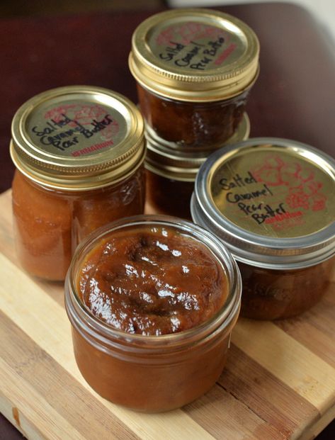 Caramel Pear Butter, Salted Caramel Pear Butter Recipe, Pear Recipe Canning, Pear Butter Canning Recipes, Asian Pear Butter, Salted Caramel Pear Butter, Asian Pear Jam, Salted Caramel Apple Butter, Pear Canning