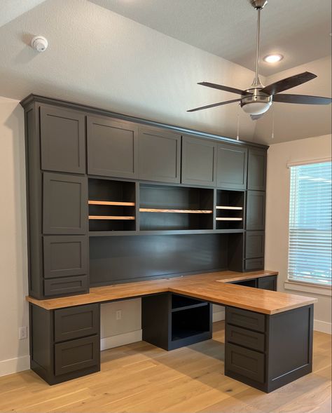 Built In Office For Two, T Shape Office Desk, Office With Two Chairs, T Desk Office, Facing Desks Home Office, U Desk Office Layout, 2 Person Built In Desk, Work From Home Office For Two, T Shape Desk Home Office