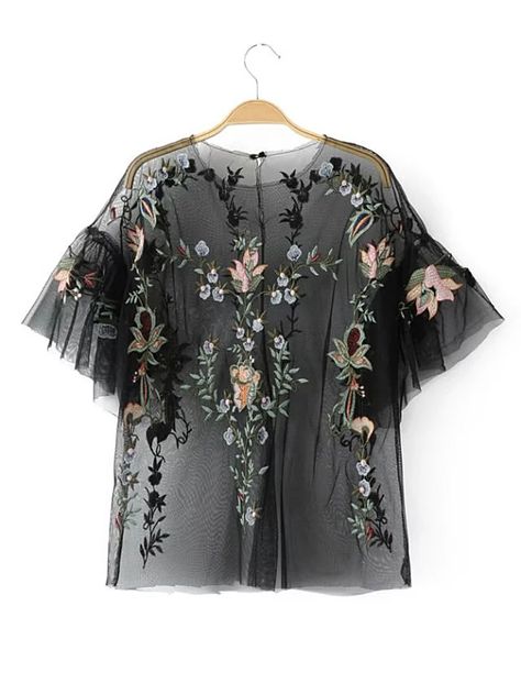 Sheer Blouses, Vintage Floral Embroidery, Lady Butterfly, Embroidery Clothes, Sheer Mesh Top, Parisienne Chic, Mesh Blouse, Mesh Shirt, Butterfly Sleeve