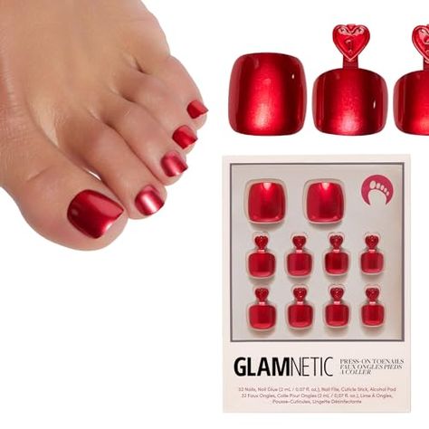 Glamnetic Press On Toenails - Cherry Glaze | Bright Red Fake Toe Nails with a Glazed Finish | 16 Sizes - 32 Toe Nail Kit with Glue