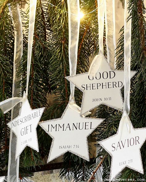 Printable Star Ornaments with the Names of Jesus and Scripture references. Use as a Countdown to Christmas or as part of Advent. #hymnsandverses #advent #countdowntochristmas #christmascountdown #starornament #starornaments #printable #printableornaments #printables #pinebranch #christmasprintable #diyornament #christmasdecor Advent Christmas Decorations, Christmas Tree Ideas Christian, Names Of God Christmas Tree, Christian Christmas Decorations Home, Star Themed Christmas Decorations, Ward Christmas Gift Ideas, Manger To The Cross Christmas, Scripture Christmas Ornaments, Names Of Jesus Advent Free Printable