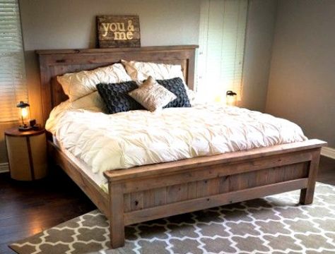 Farmhouse King Bed, Knotty Alder, Diy Bed Frame, Farmhouse Bedding, Grey Stain, Diy Bed, Master Bedrooms Decor, Style At Home, King Bed