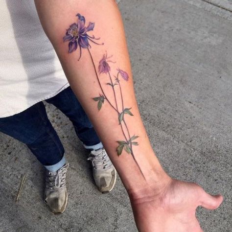 Top 50 watercolour tattoo designs - Stylist.co.uk | Stylist Magazine Columbine Tattoo, Columbine Flower Tattoo, Botanisches Tattoo, Tattoo Nightmares, Flower Tattoo Meanings, Bouquet Tattoo, Columbine Flower, 100 Tattoo, Small Flower Tattoos