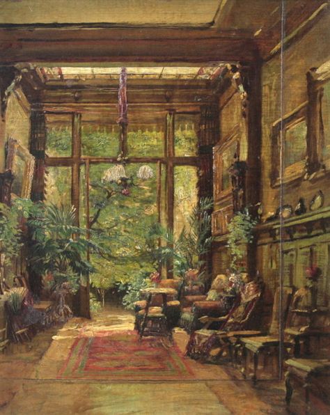 Marie Dücker (German, 1847 – 1934): Interior of a Villa Overlooking the Garden Victorian Paintings, Interior Paintings, Paintings I Love, A Living Room, Interior Art, Beautiful Artwork, Classic Art, Aesthetic Art, The Wall