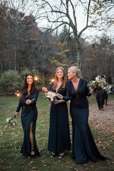 Warm Fall Catskills Wedding With Ceremony Sparklers – Christina Lilly Photography – Buds of Brooklyn 52 Hot Mermaid, Winter Bridesmaids, Winter Bridesmaid Dresses, Catskills Wedding, Long Sleeve Bridesmaid Dress, Bridesmaid Dresses Under 100, Mermaid Bridesmaid, Black Bridesmaids, Dark Wedding