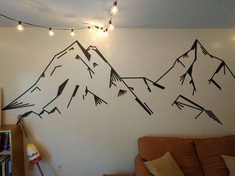 Washi tape mountains                                                                                                                                                                                 More Mountain Tape Wall, Washi Tape Mountains Wall Art, Tape Art Ideas Wall Decor, Tape Mural Wall Art, Tape Art Wall, Washi Tape Ideas Wall, Masking Tape Wall Art, Washi Tape Wall Art Diy, Tape Mural