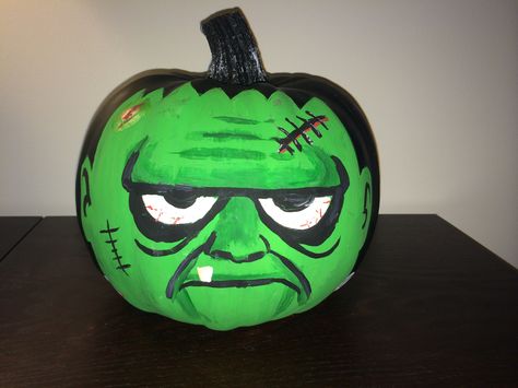 Painted Frankenstein Pumpkin Pumpkin Zombie Painting, Pumpkin Frankenstein Face, Painted Frankenstein Pumpkin, Frankenstein Painted Pumpkins, Frankinstine Pumpkin, Frankinstine Pumpkin Painting, Pumpkin Painting Ideas Frankenstein, Zombie Pumpkin Painting, Frankenstein Pumpkin Painting