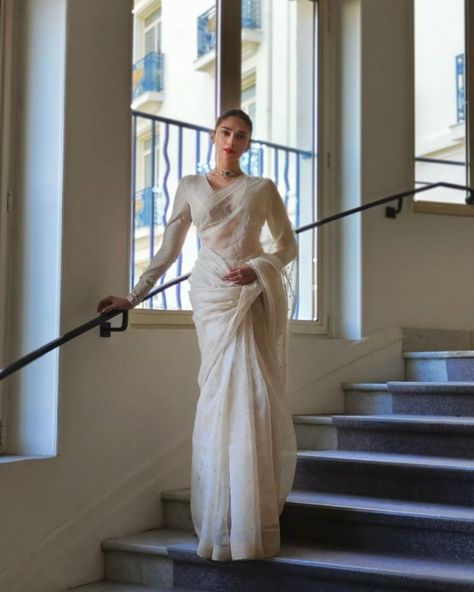 aditi rao hydari in white saree by sabyasachi for cannes Cannes Film Festival 2022, White Sari, Off White Saree, Aditi Rao Hydari, Formal Saree, Aditi Rao, Saree Wearing Styles, Fashionable Saree Blouse Designs, Festival 2022