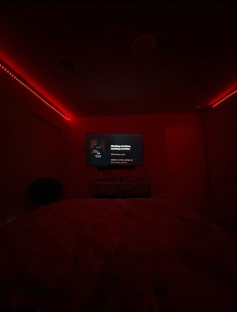 Room W Led Lights, Bedroom Red Led Lights, Night Time Bedroom Aesthetic, Warm Lighting Bedroom Aesthetic, Dark Room With Led Lights, Led Lights Bedroom Aesthetic Boys, Man Room Decoration, Red Led Lights Bedroom Aesthetic, Chill Room Ideas Bedrooms