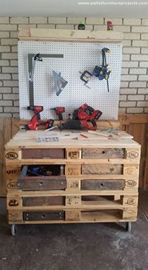 Pallet Work Bench, Pallet Sheds, Pallet Furniture Shelves, Tools Cabinet, Recycled Pallet Furniture, Pallet Shed, Pallet Storage, Potting Table, Pallet Bench