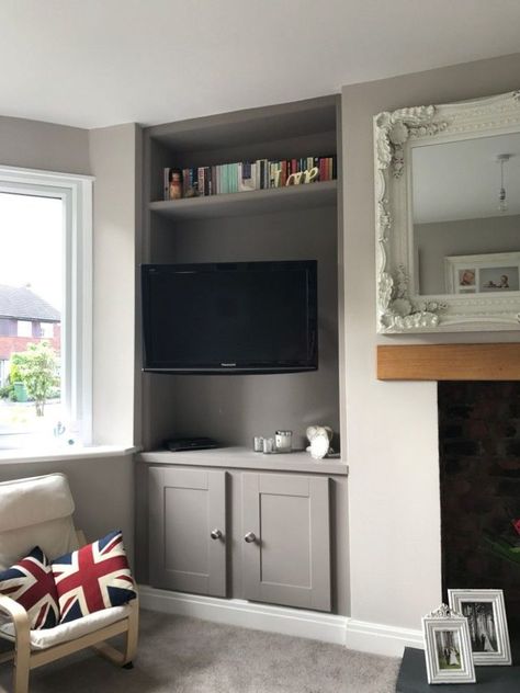 10 Small Living Room With TV Ideas That We Want to Copy ASAP - Decoholic Mounted Tv With Bookshelves, Tv Wall Ideas Living Room Alcove, Alcove With Tv And Shelves, Alcove Units With Tv, Television Alcove Ideas, Tv Mounted Next To Fireplace, Built In Tv Wall Unit Corner, Tv Unit In Alcove, Tv Mounted In Alcove