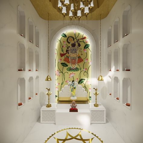 A minimalistic temple corner with elegant marble touches ✨ This mandir exudes tranquility, accentuated by a touch of grandeur and artistry. The arch frames a custom hand-painted Pichwai, with marble-carved niches on both sides adding depth and light. The brass inlay flooring provides a soothing and central element for prayer, while the gold leafed ceiling enhances the serene ambiance. #temple #templedesign #interiors #livingroom #beddroom #wooden #minimalisticdesign #interiordesign #design... Mandir Niche Design, Pichwai Mandir, Ashwini Dongre Interior Design, Brass Inlay Flooring, Temple Ceiling Design, Mandir Ceiling Design, Marble Mandir Design, Home Temple Ideas Puja Room, Jain Mandir