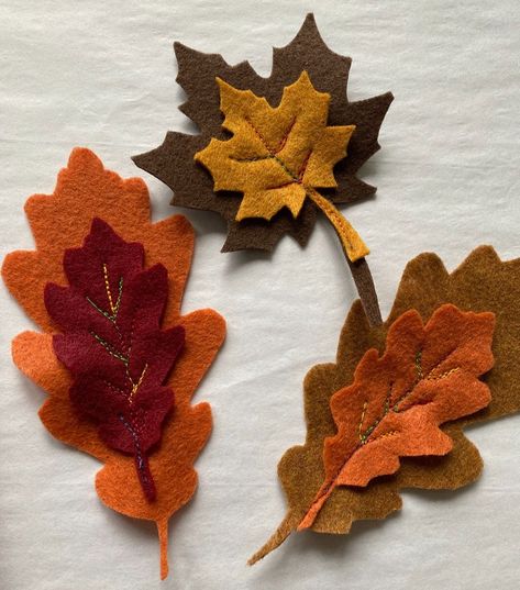 Felt Leaves DIY for Table, Gift Wrap, and Garlands — Made on 23rd Felt Leaves Diy, Fall Felt Crafts, Felt Autumn, Craft For Beginners, Leaves Diy, Crochet Ornament Patterns, Bantal Sofa, Halloween Fest, Crafts Fall