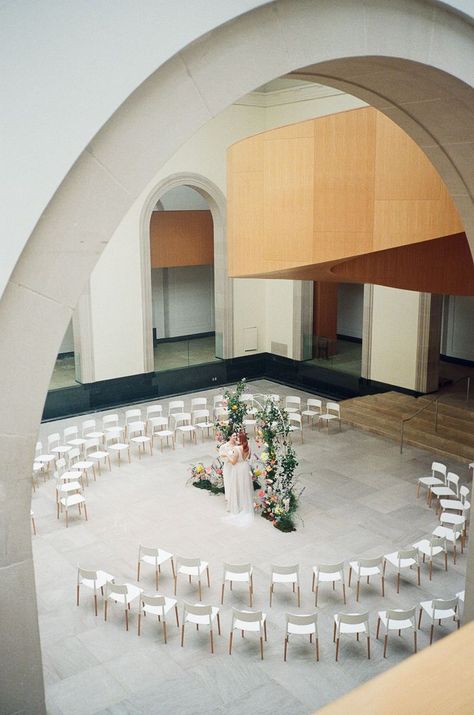 Circular Seating, Wedding Ceremony Chairs, Wedding Ceremony Setup, Unique Wedding Ceremony, Wedding Ceremony Seating, Modern Wedding Ceremony, Modern Art Gallery, Art Gallery Of Ontario, Art Gallery Wedding