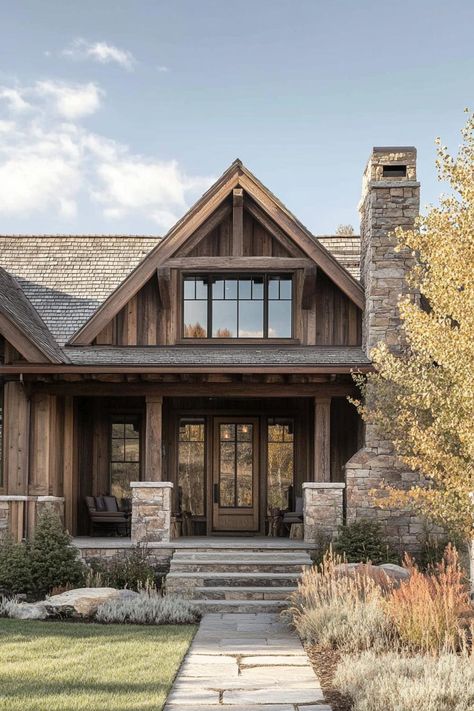 Mountain house front facade with rustic wood siding front porch with stone columns and stone chimney front doors with glass panels imposing mountain in the background. Check out all of these amazing modern rustic mountain houses to blend natural charm with contemporary flair. Stone Wooden House, Rustic Cabin Siding Ideas, Mountain Ranch Style Homes, Rustic Craftsman Exterior, Montana House Exterior, Rustic Farmhouse Exterior Country Houses, Mountain Ranch Home Exterior, Rock On House Exterior, Rustic Exterior Design