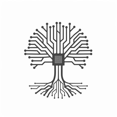 Design a simple logo, vector art logo, flat design, 2d, minimalist logo, wide branches, branches growing from the chip in the middle of crown, featuring a whole ash tree made of circuit board components with an extensive root network. A large chip in the middle of the crown. The roots also made of circuit board. The logo should be monochromatic using only black against a white background --v 6   --style raw Vector Art Logo, Roots Logo, Tree Logo Design, Ash Tree, Group Project, Tree Logo, Tree Logos, Tat Ideas, Simple Logo